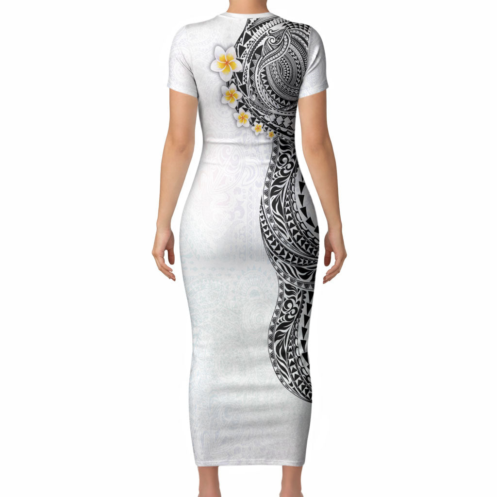 Hawaiian Tribal Tattoo and Plumeria Short Sleeve Bodycon Dress Polynesian Pattern White Color