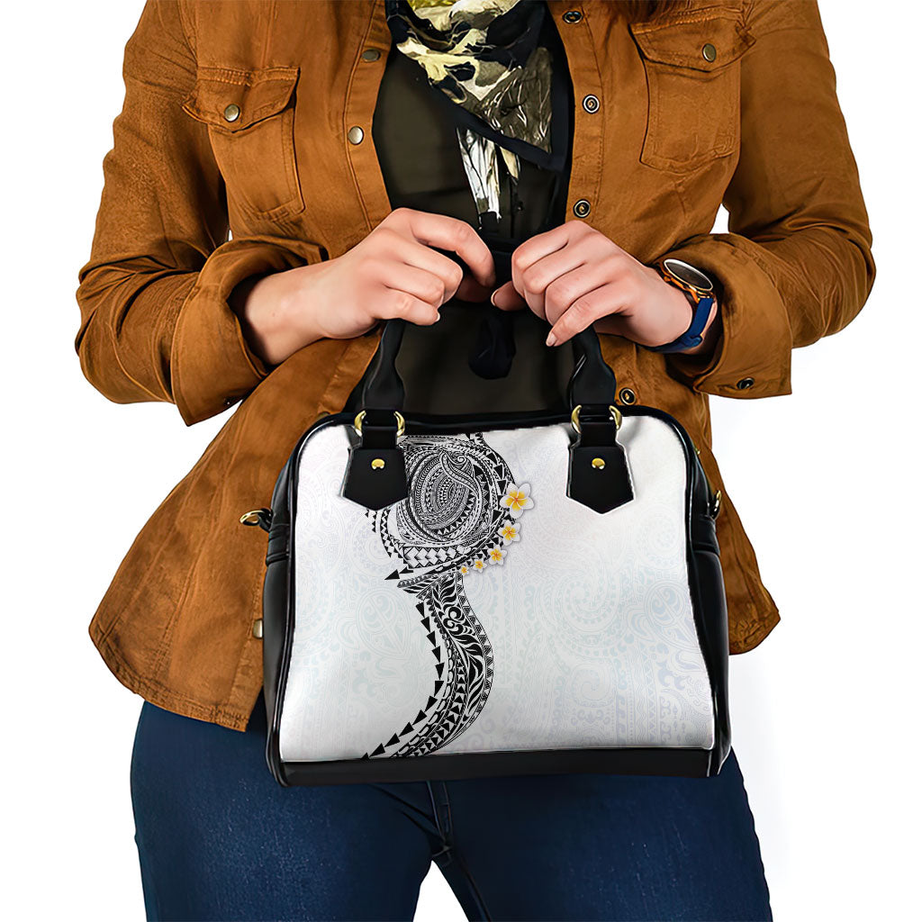 Hawaiian Tribal Tattoo and Plumeria Shoulder Handbag Polynesian Pattern White Color