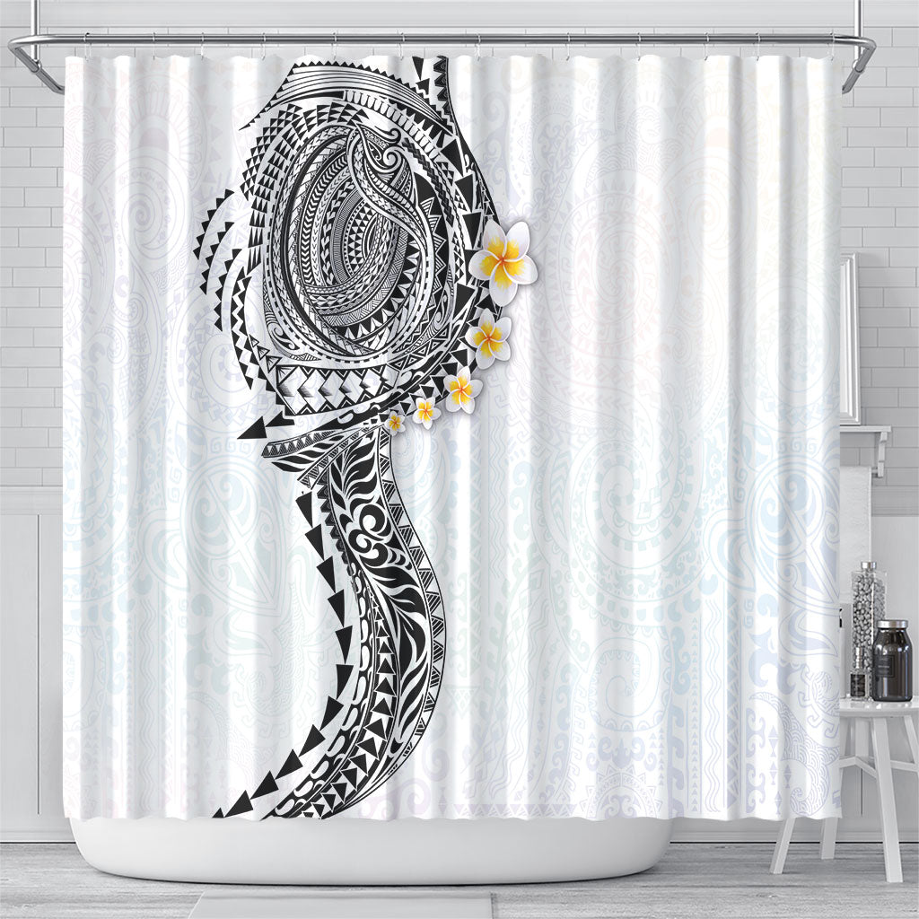 Hawaiian Tribal Tattoo and Plumeria Shower Curtain Polynesian Pattern White Color