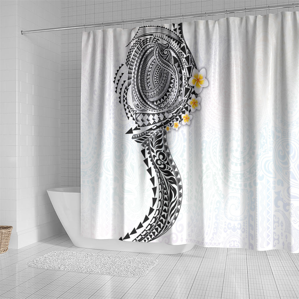 Hawaiian Tribal Tattoo and Plumeria Shower Curtain Polynesian Pattern White Color