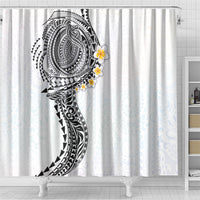 Hawaiian Tribal Tattoo and Plumeria Shower Curtain Polynesian Pattern White Color