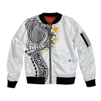 Hawaiian Tribal Tattoo and Plumeria Sleeve Zip Bomber Jacket Polynesian Pattern White Color