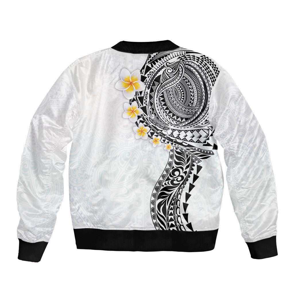 Hawaiian Tribal Tattoo and Plumeria Sleeve Zip Bomber Jacket Polynesian Pattern White Color