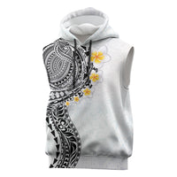 Hawaiian Tribal Tattoo and Plumeria Sleeveless Hoodie Polynesian Pattern White Color