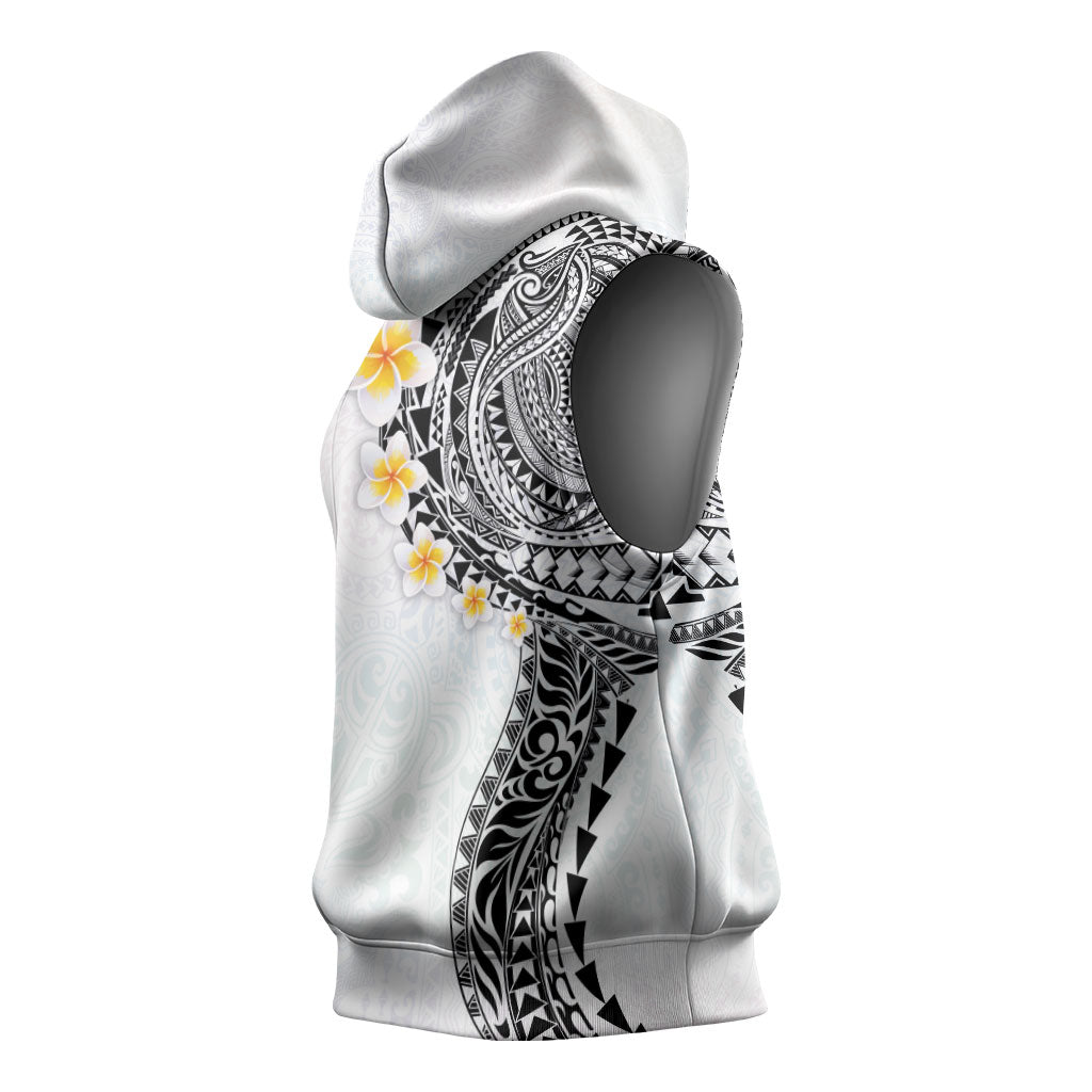Hawaiian Tribal Tattoo and Plumeria Sleeveless Hoodie Polynesian Pattern White Color