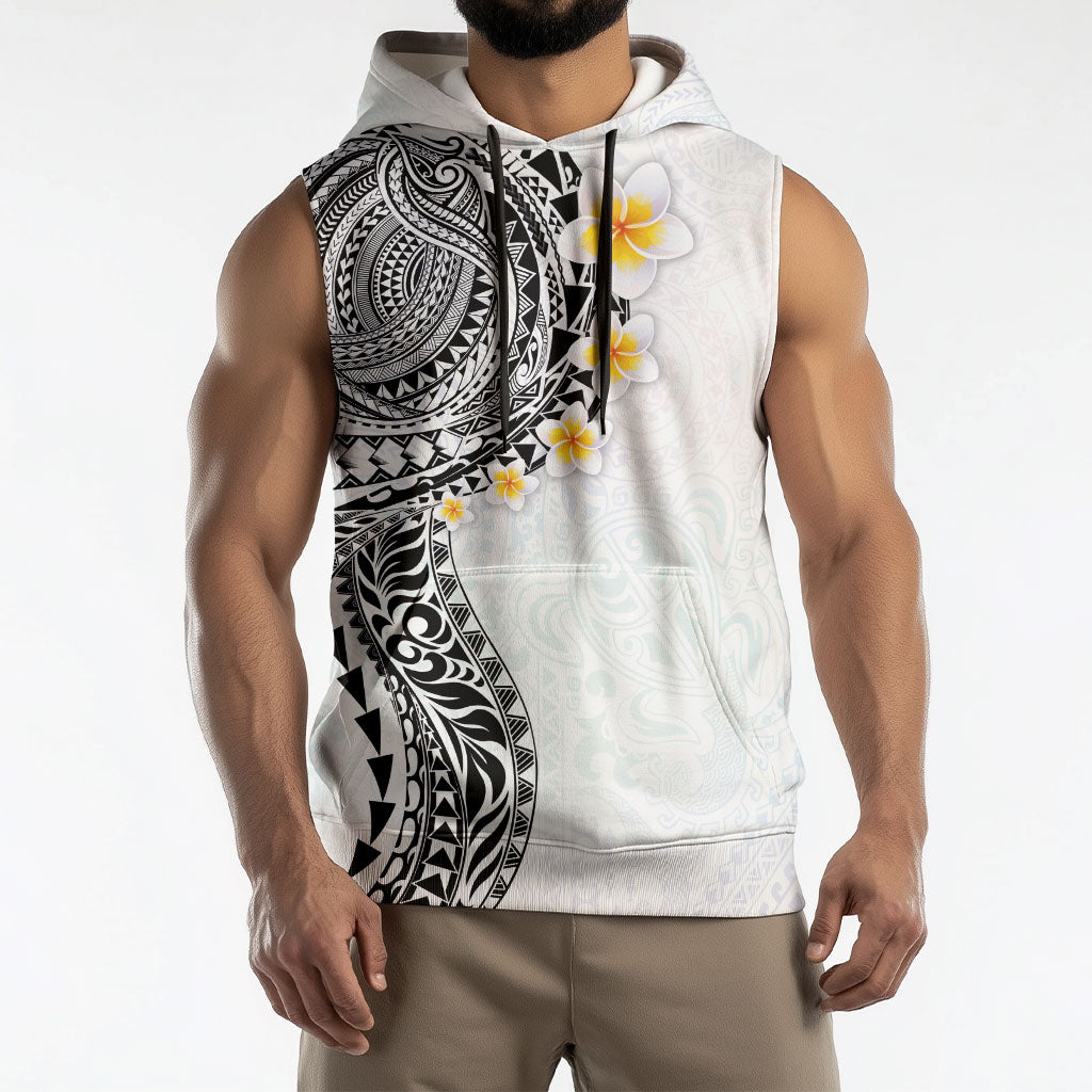 Hawaiian Tribal Tattoo and Plumeria Sleeveless Hoodie Polynesian Pattern White Color