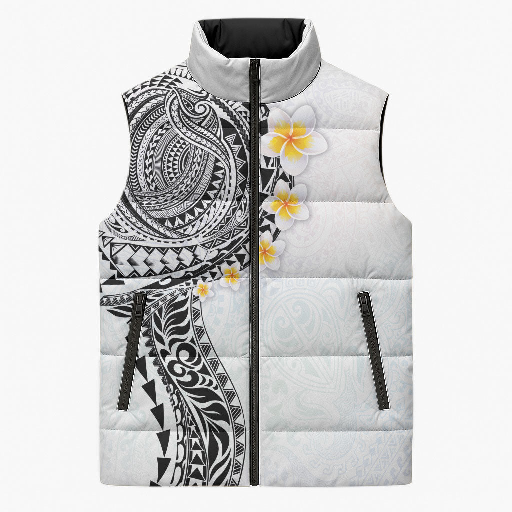 Hawaiian Tribal Tattoo and Plumeria Sleeveless Puffer Jacket Polynesian Pattern White Color