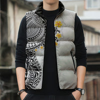 Hawaiian Tribal Tattoo and Plumeria Sleeveless Puffer Jacket Polynesian Pattern White Color
