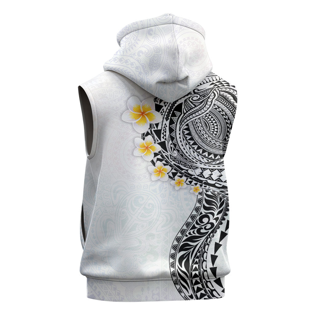 Hawaiian Tribal Tattoo and Plumeria Sleeveless Zip Hoodie Polynesian Pattern White Color