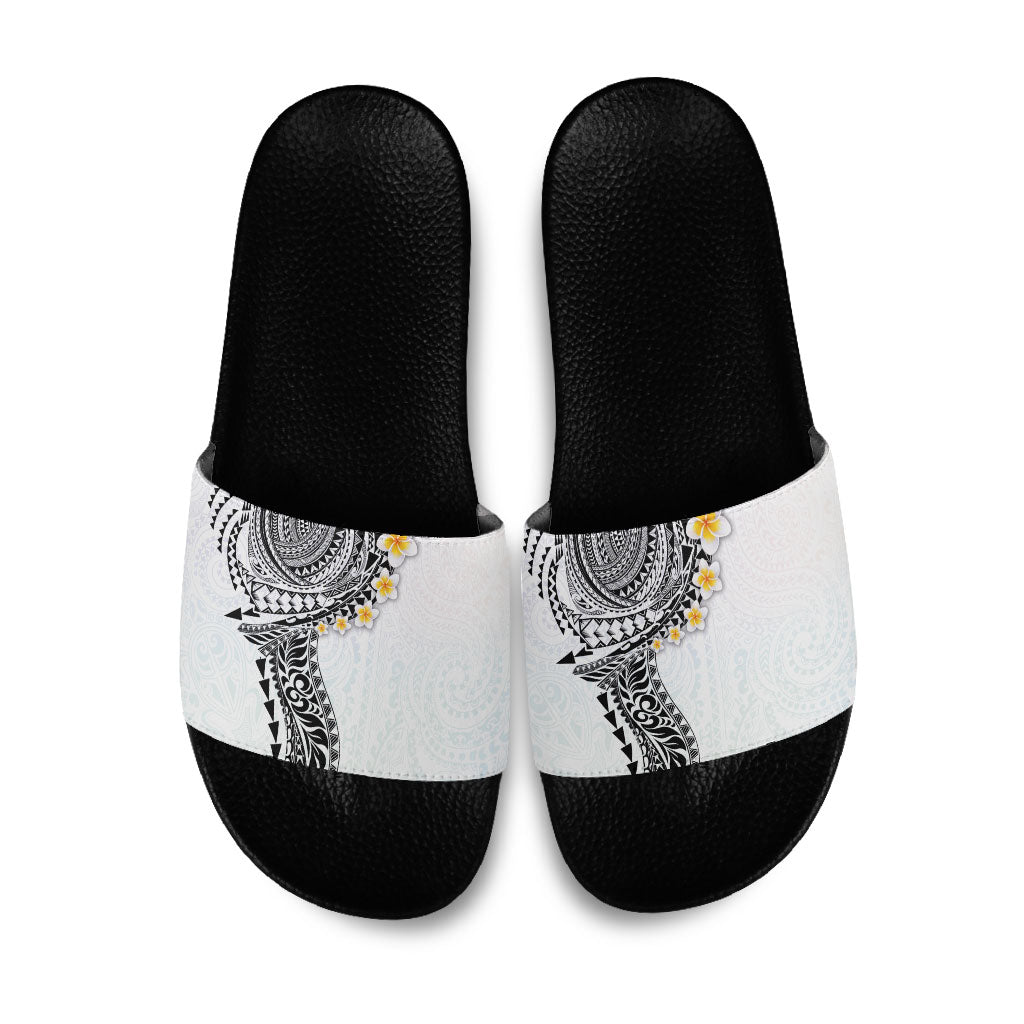 Hawaiian Tribal Tattoo and Plumeria Slide Sandals Polynesian Pattern White Color