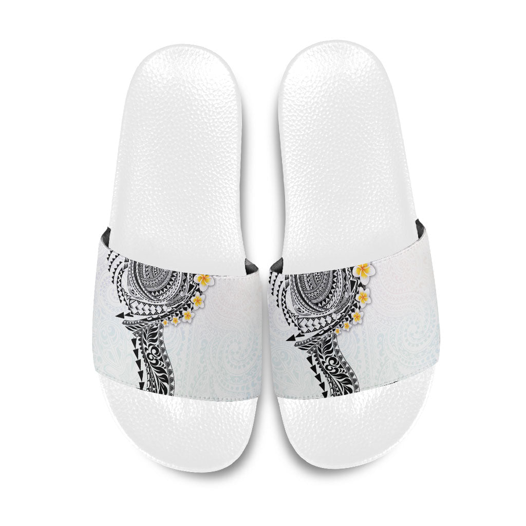 Hawaiian Tribal Tattoo and Plumeria Slide Sandals Polynesian Pattern White Color