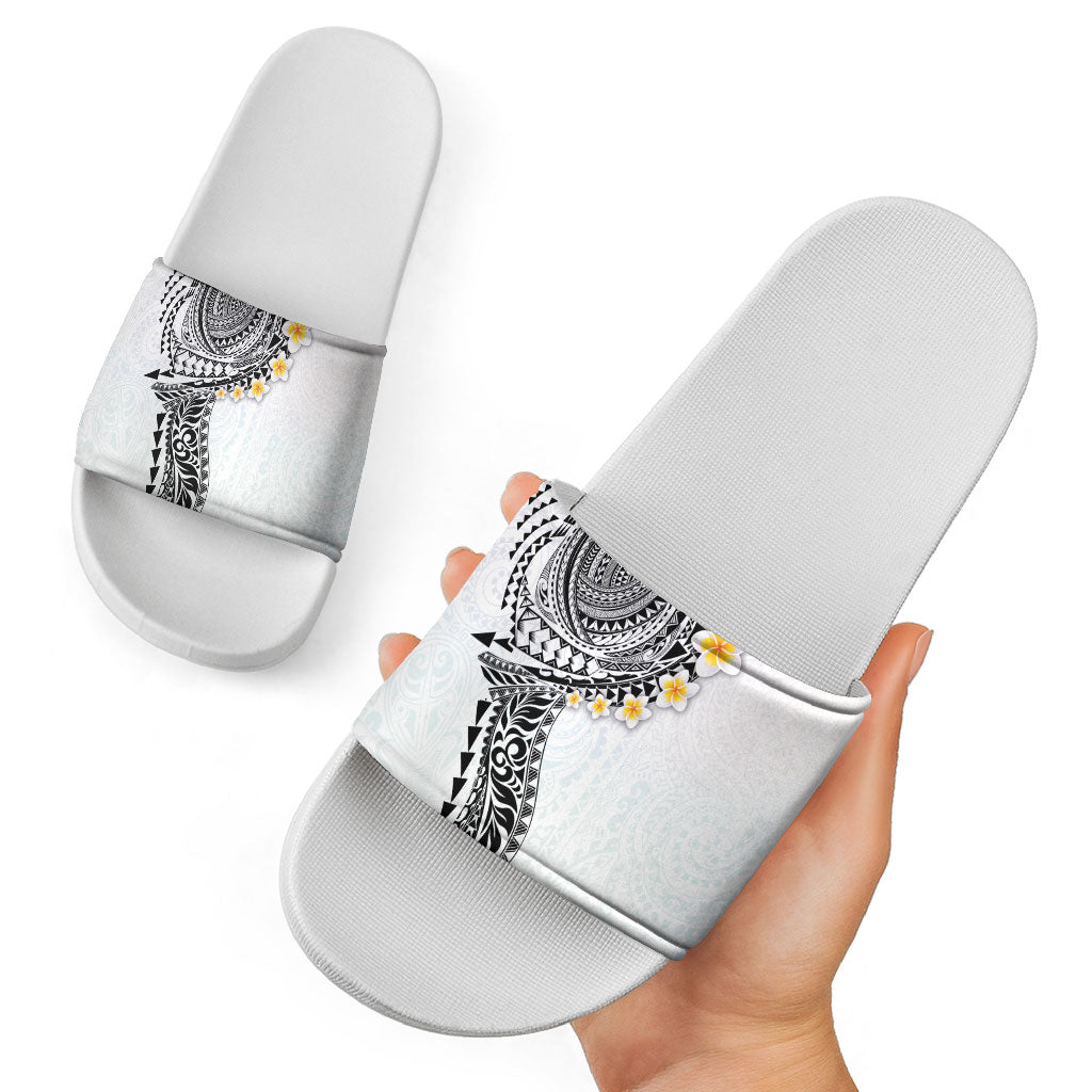 Hawaiian Tribal Tattoo and Plumeria Slide Sandals Polynesian Pattern White Color