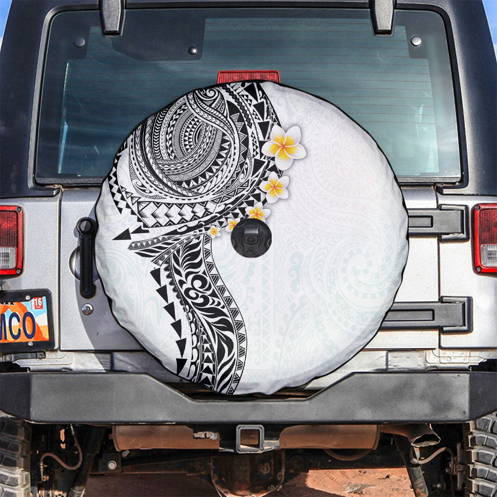 Hawaiian Tribal Tattoo and Plumeria Spare Tire Cover Polynesian Pattern White Color