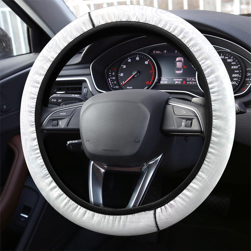 Hawaiian Tribal Tattoo and Plumeria Steering Wheel Cover Polynesian Pattern White Color