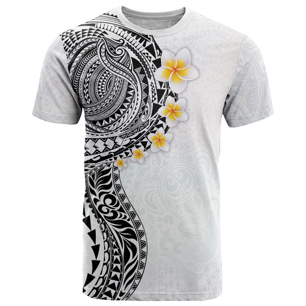 Hawaiian Tribal Tattoo and Plumeria T Shirt Polynesian Pattern White Color