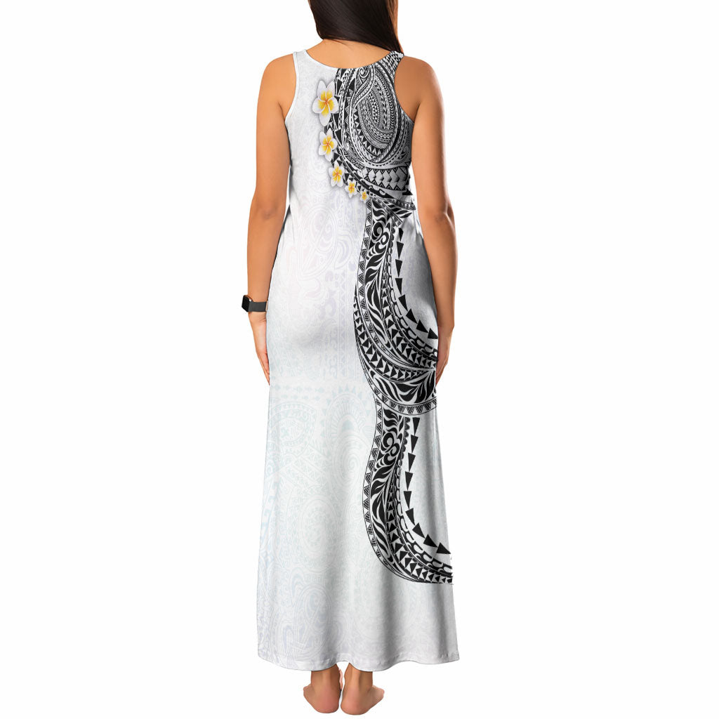 Hawaiian Tribal Tattoo and Plumeria Tank Maxi Dress Polynesian Pattern White Color