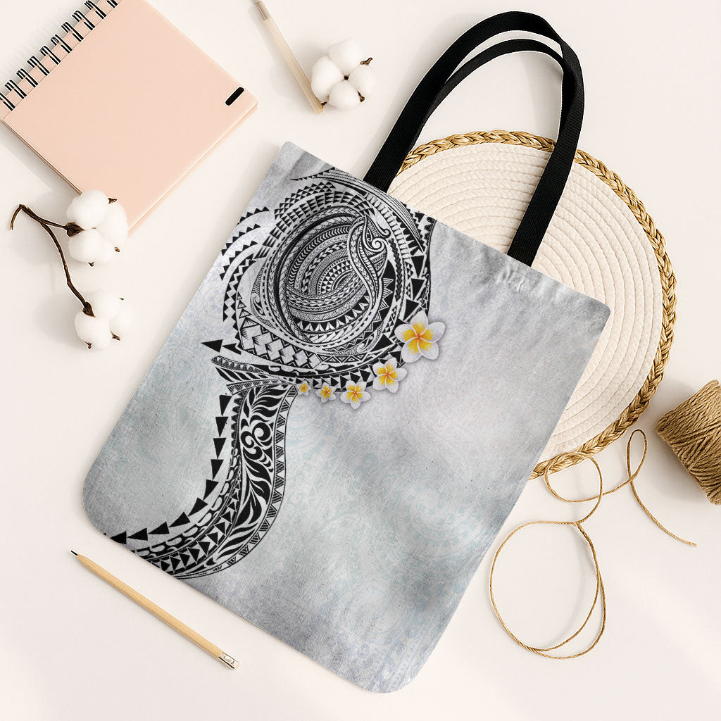 Hawaiian Tribal Tattoo and Plumeria Tote Bag Polynesian Pattern White Color