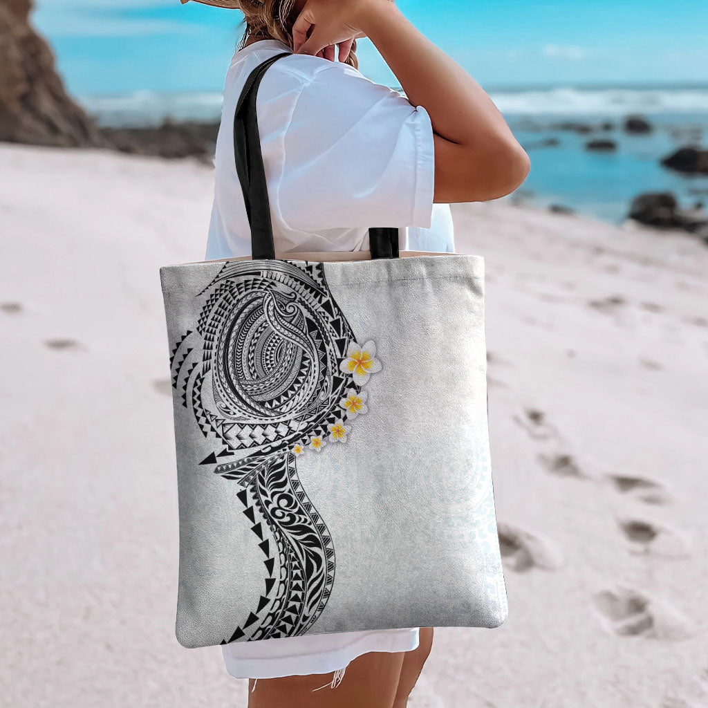 Hawaiian Tribal Tattoo and Plumeria Tote Bag Polynesian Pattern White Color