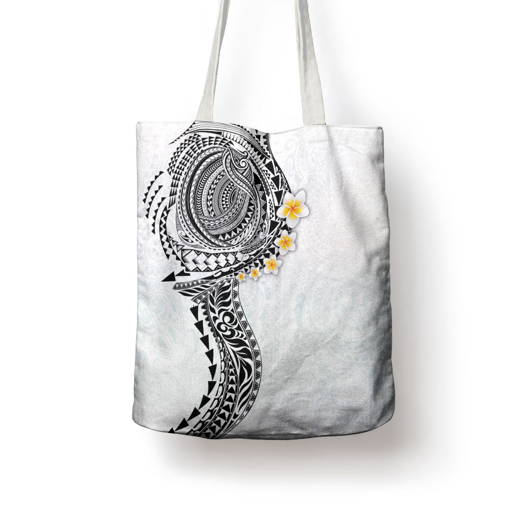 Hawaiian Tribal Tattoo and Plumeria Tote Bag Polynesian Pattern White Color