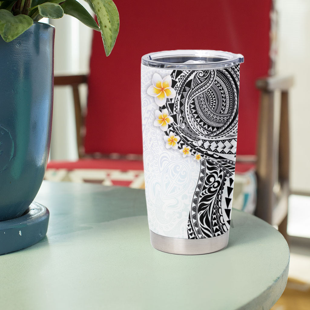 Hawaiian Tribal Tattoo and Plumeria Tumbler Cup Polynesian Pattern White Color