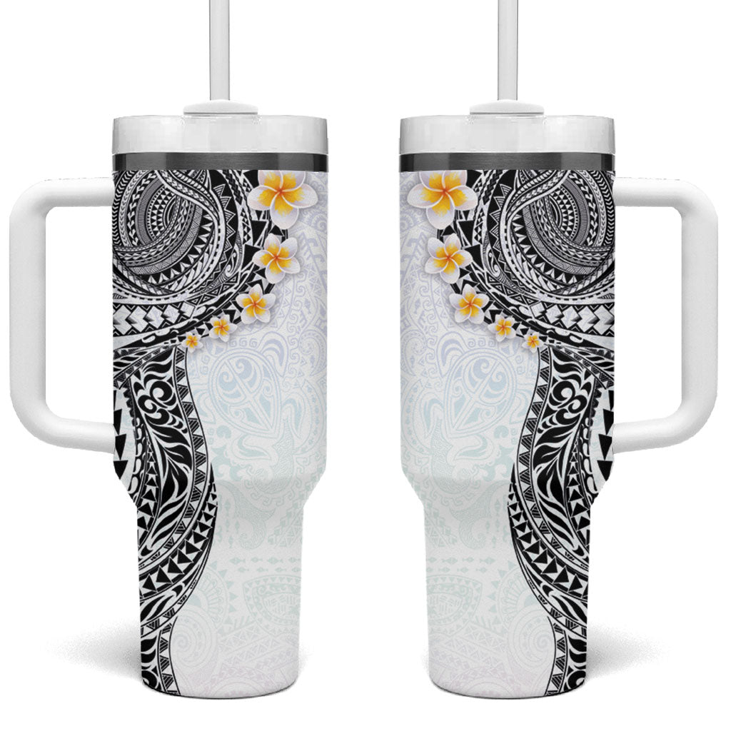 Hawaiian Tribal Tattoo and Plumeria Tumbler With Handle Polynesian Pattern White Color