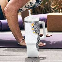 Hawaiian Tribal Tattoo and Plumeria Tumbler With Handle Polynesian Pattern White Color