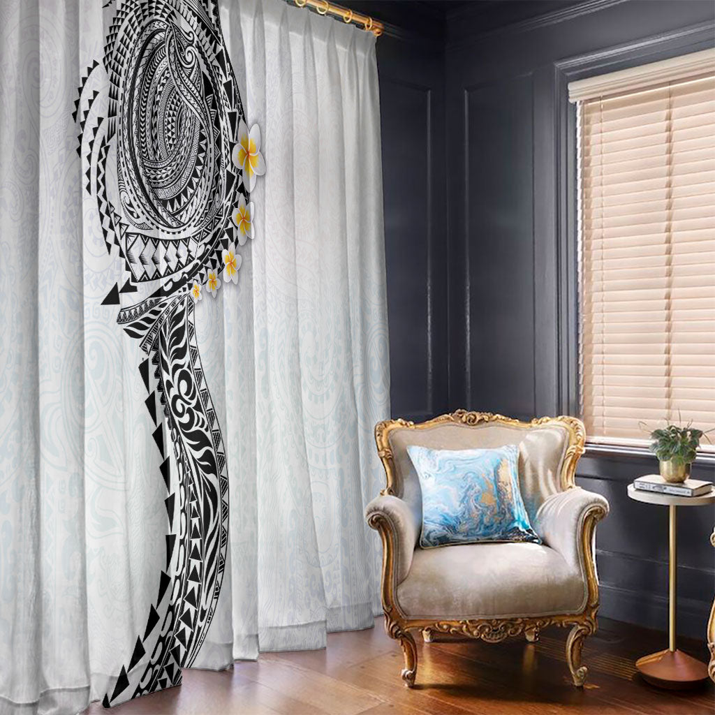 Hawaiian Tribal Tattoo and Plumeria Window Curtain Polynesian Pattern White Color