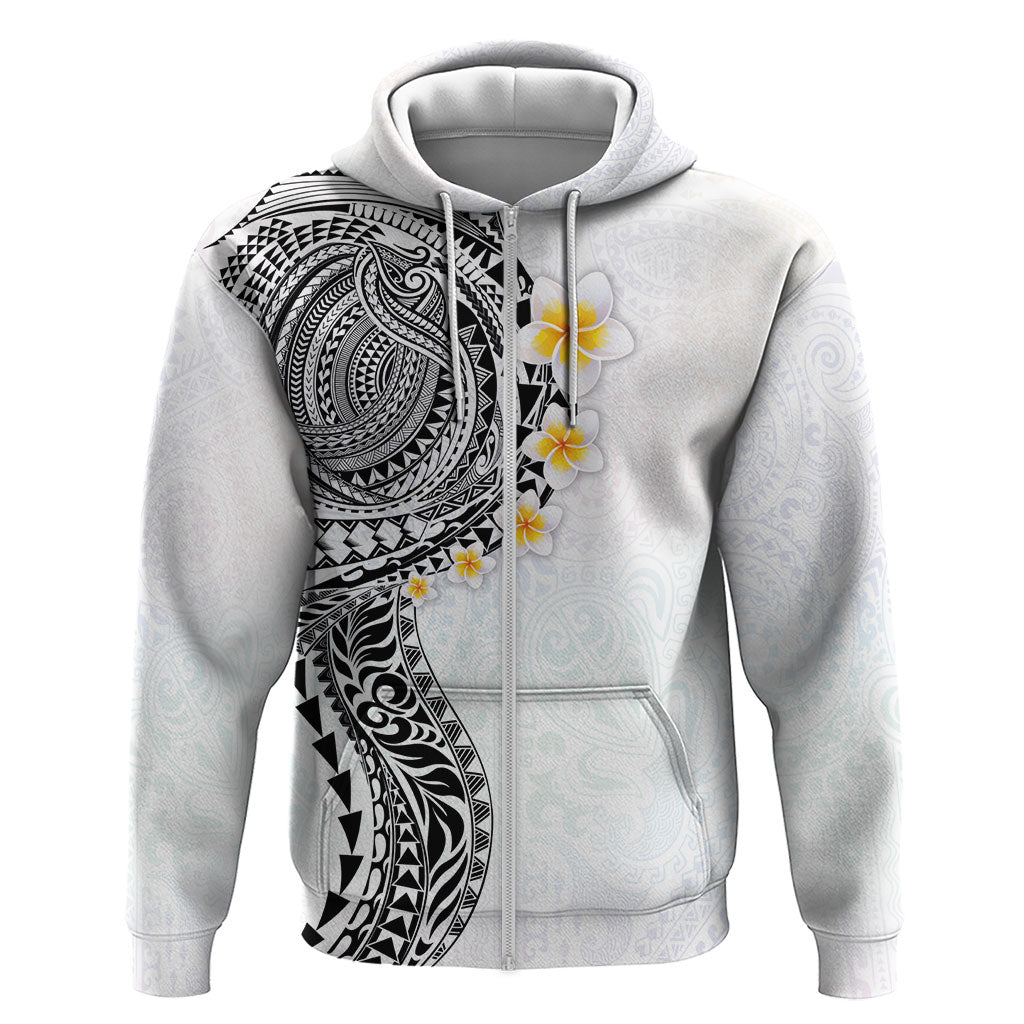 Hawaiian Tribal Tattoo and Plumeria Zip Hoodie Polynesian Pattern White Color