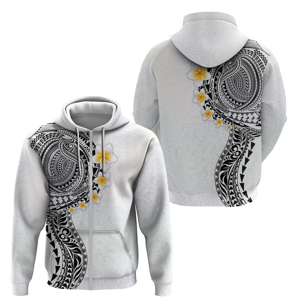 Hawaiian Tribal Tattoo and Plumeria Zip Hoodie Polynesian Pattern White Color