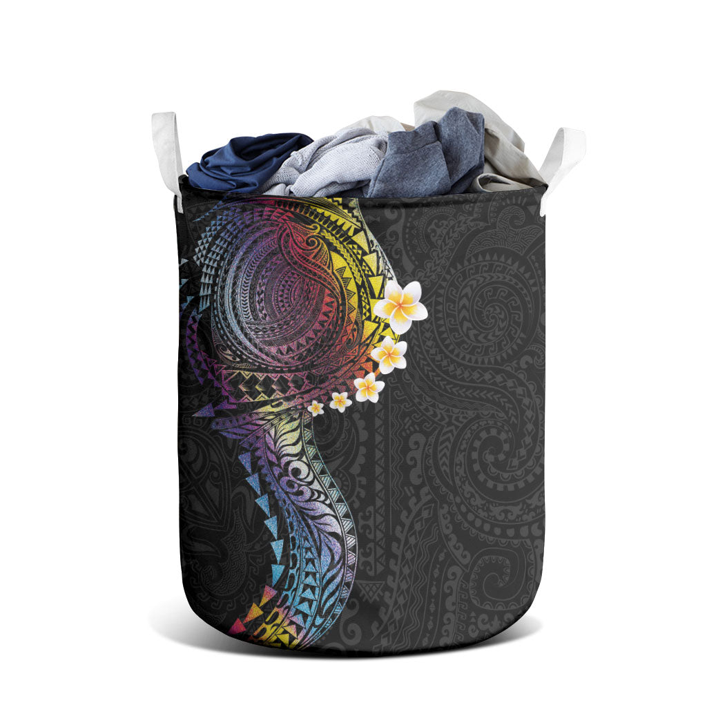 Hawaiian Tribal Tattoo and Plumeria Laundry Basket Polynesian Pattern Rainbow