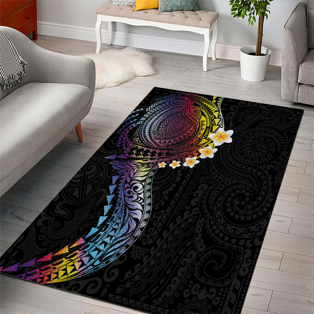 Hawaiian Tribal Tattoo and Plumeria Area Rug Polynesian Pattern Rainbow