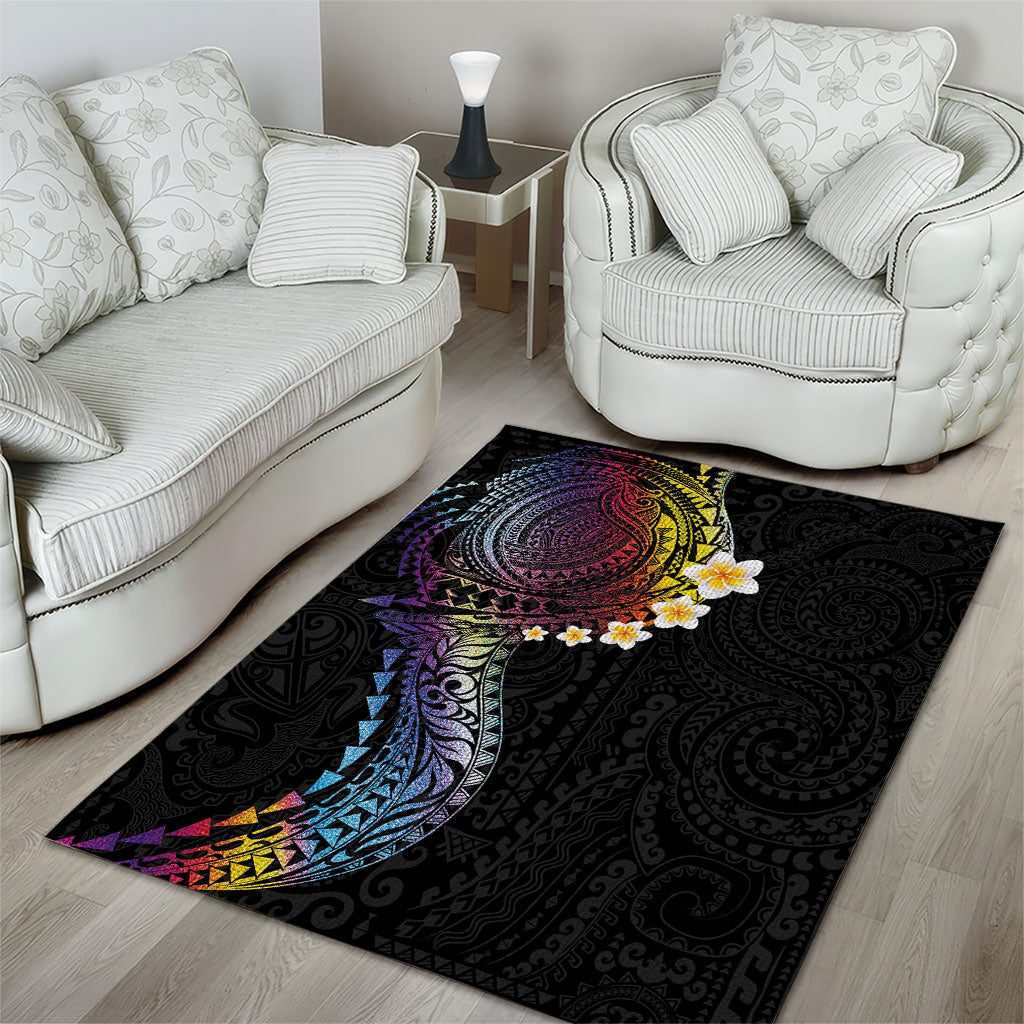Hawaiian Tribal Tattoo and Plumeria Area Rug Polynesian Pattern Rainbow