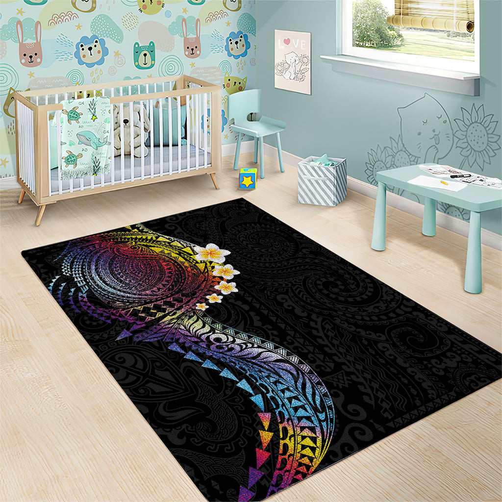 Hawaiian Tribal Tattoo and Plumeria Area Rug Polynesian Pattern Rainbow