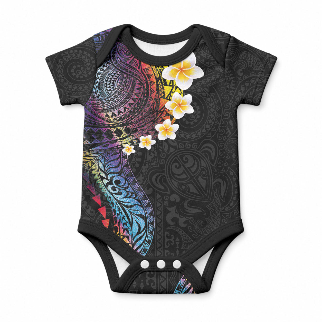 Hawaiian Tribal Tattoo and Plumeria Baby Onesie Polynesian Pattern Rainbow