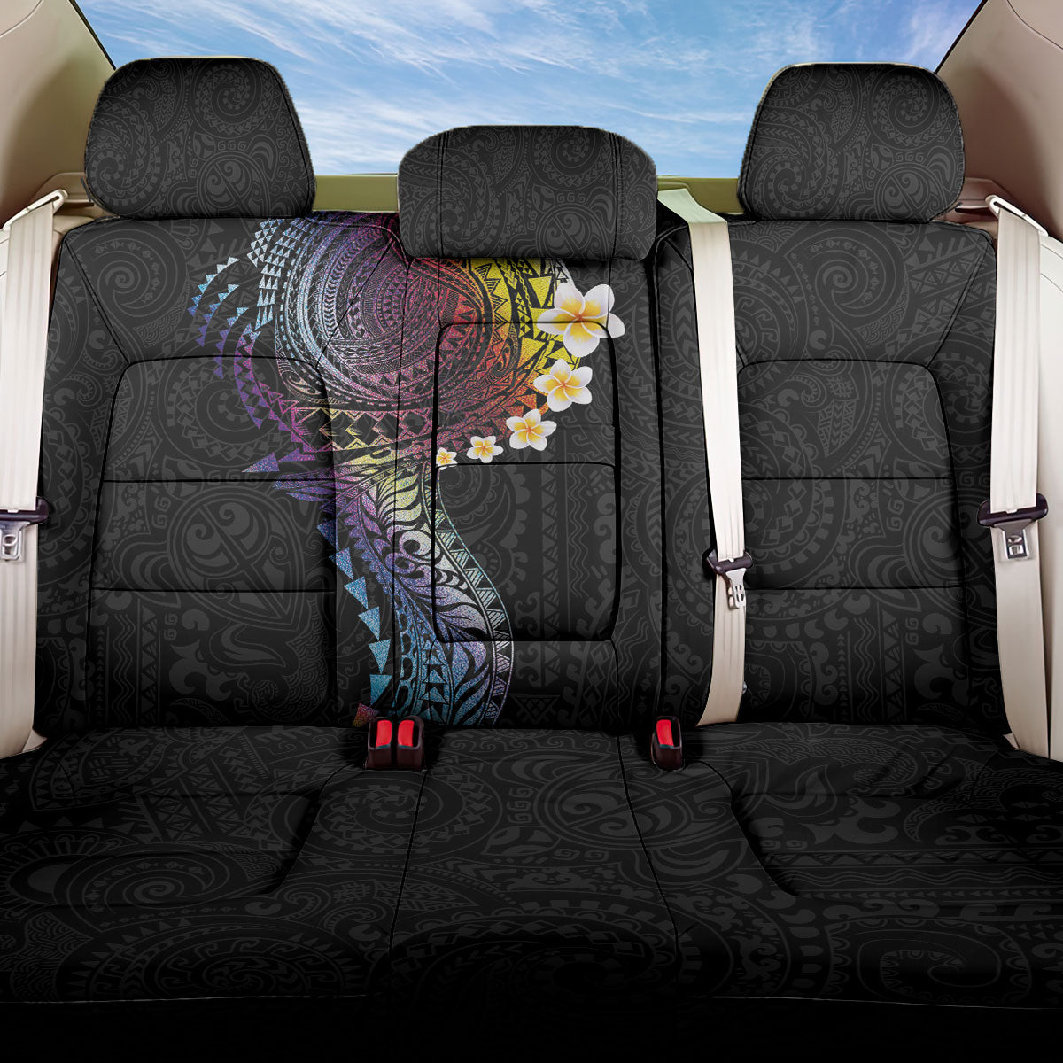 Hawaiian Tribal Tattoo and Plumeria Back Car Seat Cover Polynesian Pattern Rainbow
