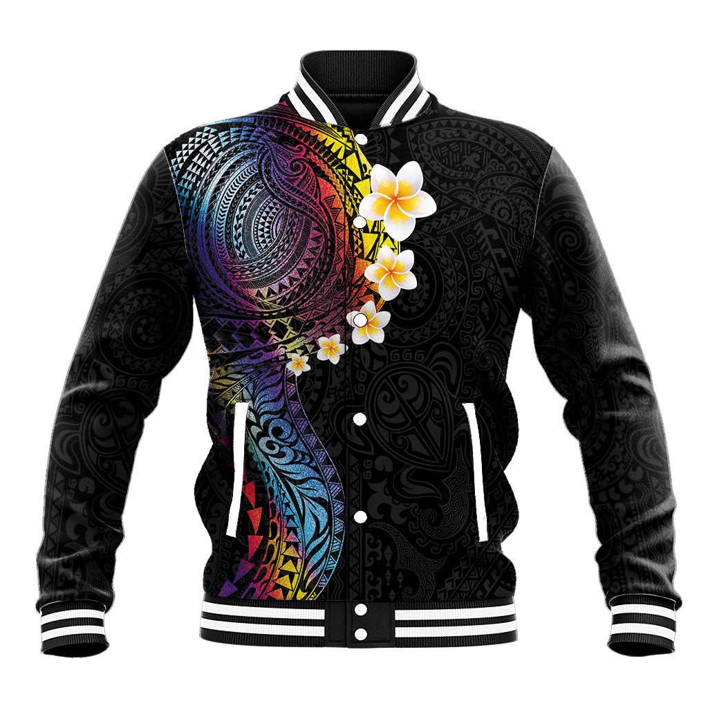 Hawaiian Tribal Tattoo and Plumeria Baseball Jacket Polynesian Pattern Rainbow