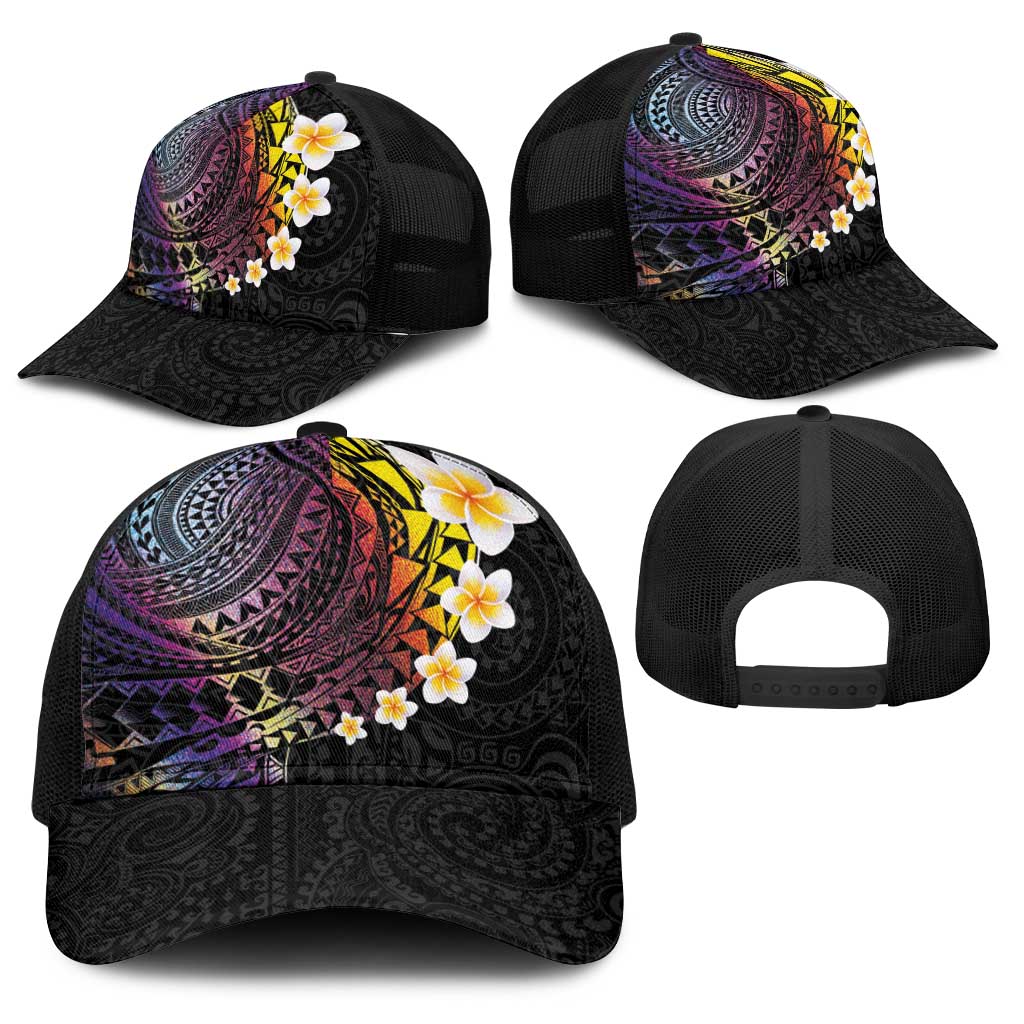Hawaiian Tribal Tattoo and Plumeria Baseball Net Cap Polynesian Pattern Rainbow