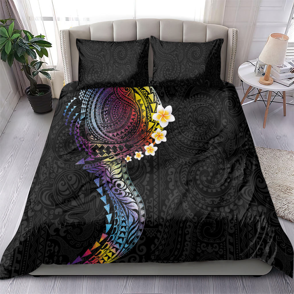 Hawaiian Tribal Tattoo and Plumeria Bedding Set Polynesian Pattern Rainbow