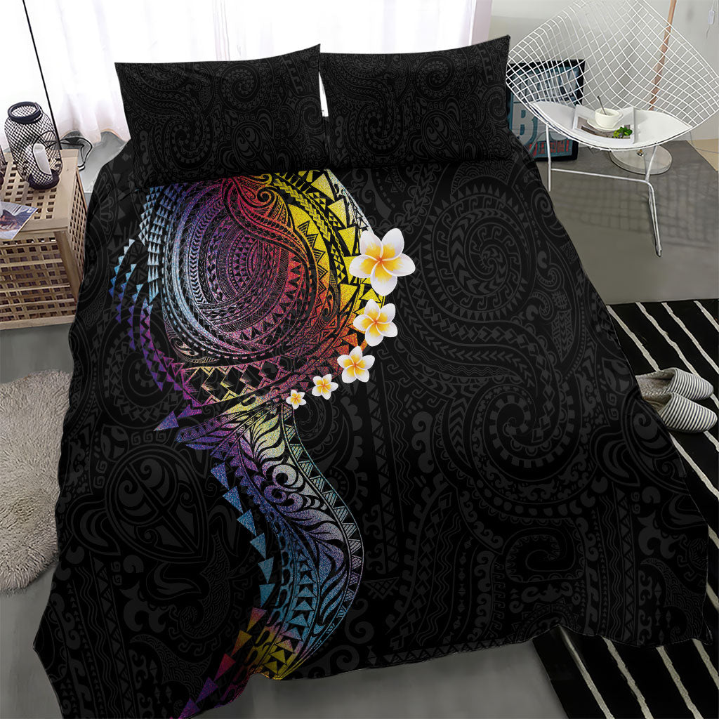 Hawaiian Tribal Tattoo and Plumeria Bedding Set Polynesian Pattern Rainbow