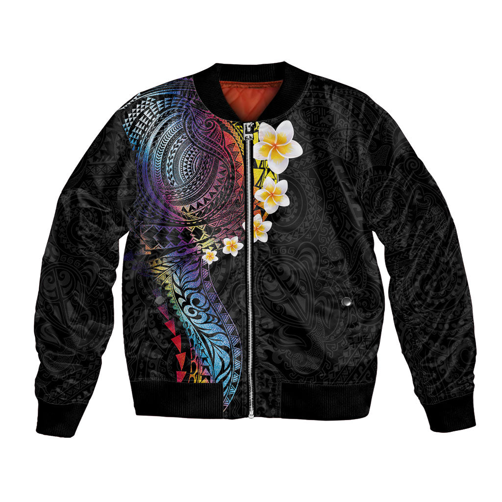 Hawaiian Tribal Tattoo and Plumeria Bomber Jacket Polynesian Pattern Rainbow