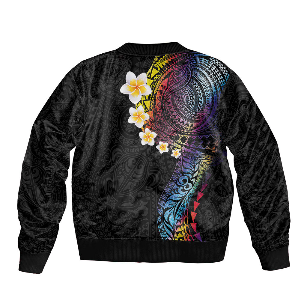 Hawaiian Tribal Tattoo and Plumeria Bomber Jacket Polynesian Pattern Rainbow