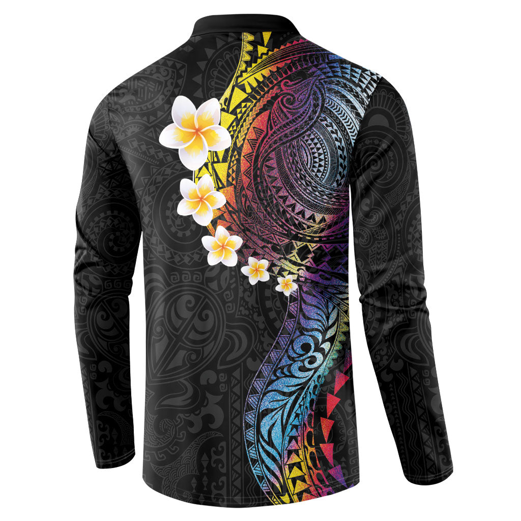 Hawaiian Tribal Tattoo and Plumeria Button Sweatshirt Polynesian Pattern Rainbow
