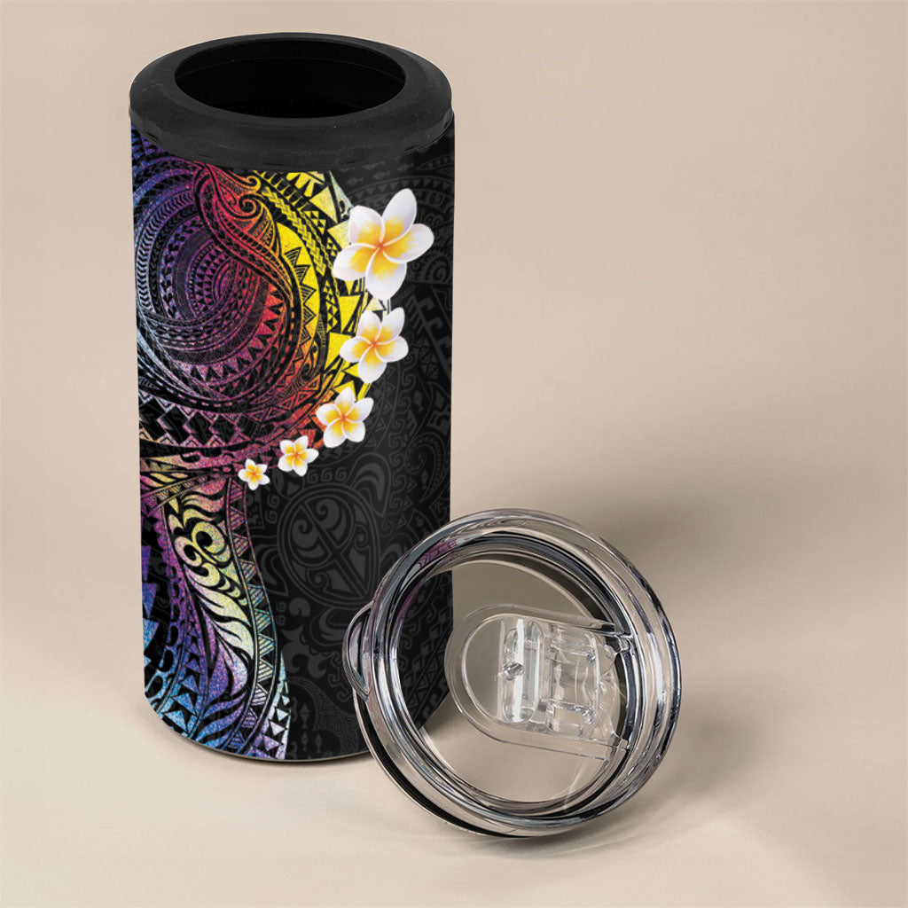 Hawaiian Tribal Tattoo and Plumeria 4 in 1 Can Cooler Tumbler Polynesian Pattern Rainbow