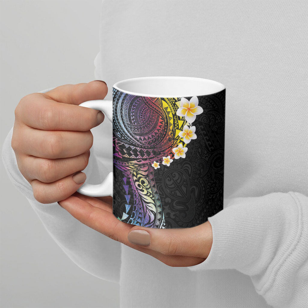 Hawaiian Tribal Tattoo and Plumeria Ceramic Mug Polynesian Pattern Rainbow