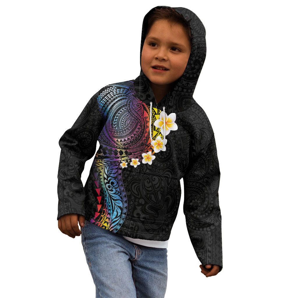 Hawaiian Tribal Tattoo and Plumeria Kid Hoodie Polynesian Pattern Rainbow