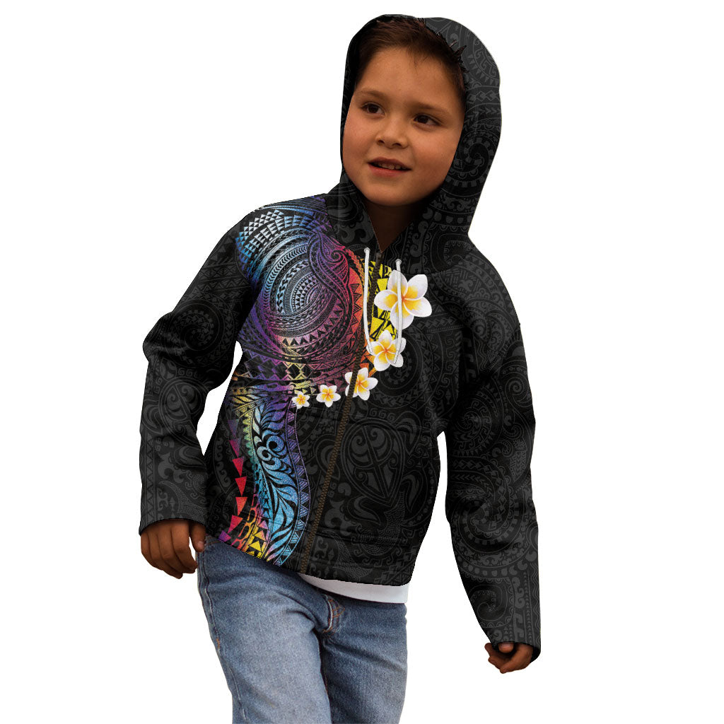 Hawaiian Tribal Tattoo and Plumeria Kid Hoodie Polynesian Pattern Rainbow