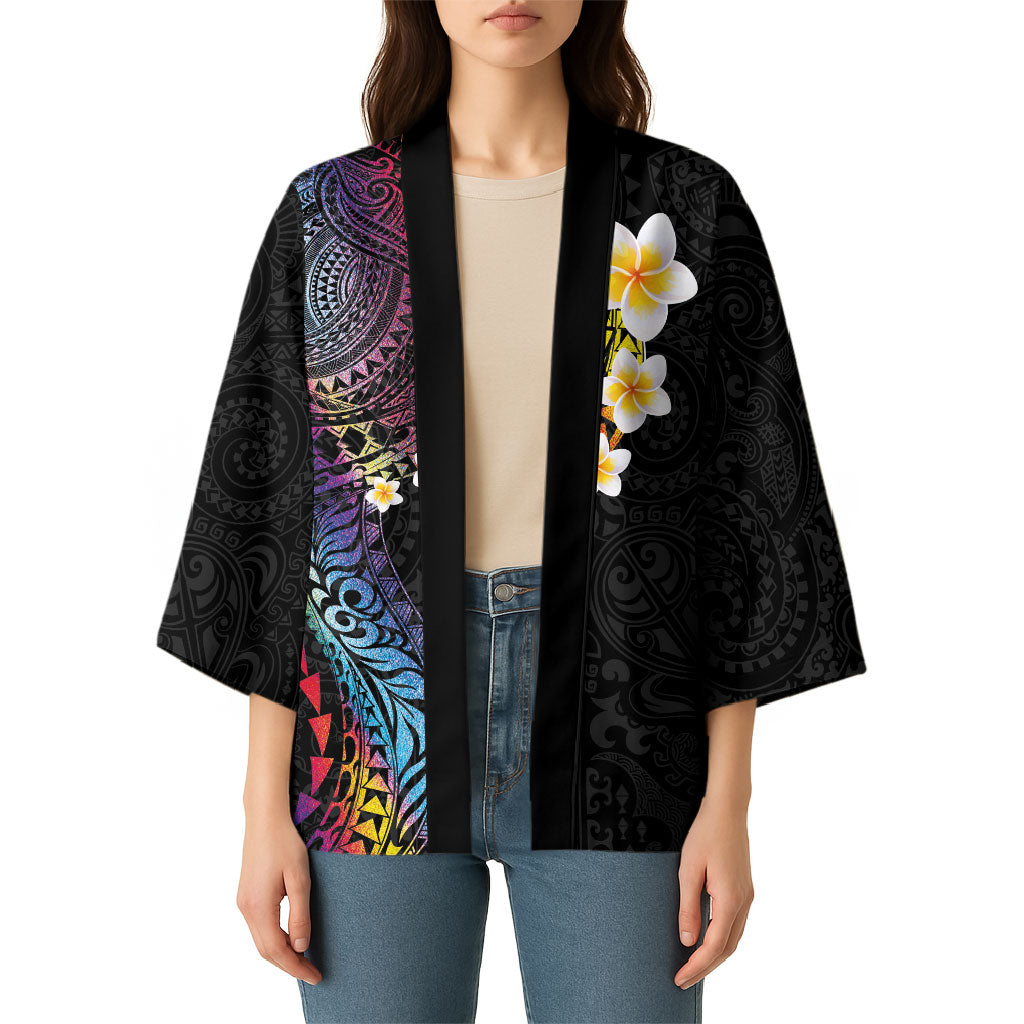 Hawaiian Tribal Tattoo and Plumeria Kimono Polynesian Pattern Rainbow