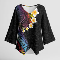 Hawaiian Tribal Tattoo and Plumeria Kimono Sleeve Blouse Polynesian Pattern Rainbow