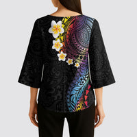 Hawaiian Tribal Tattoo and Plumeria Kimono Sleeve Blouse Polynesian Pattern Rainbow