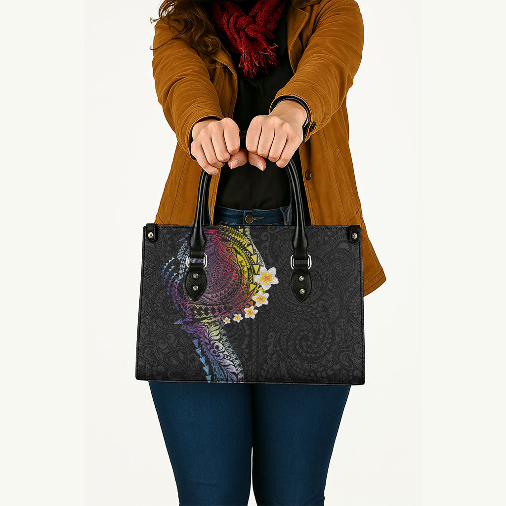 Hawaiian Tribal Tattoo and Plumeria Leather Bag Polynesian Pattern Rainbow